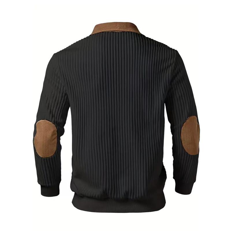 Men Quarter Zip Shirt Long Sleeve Turndown Collar Pullover Color Block Jacquard Sweatshirt with Elbow Patches for Daily Wear