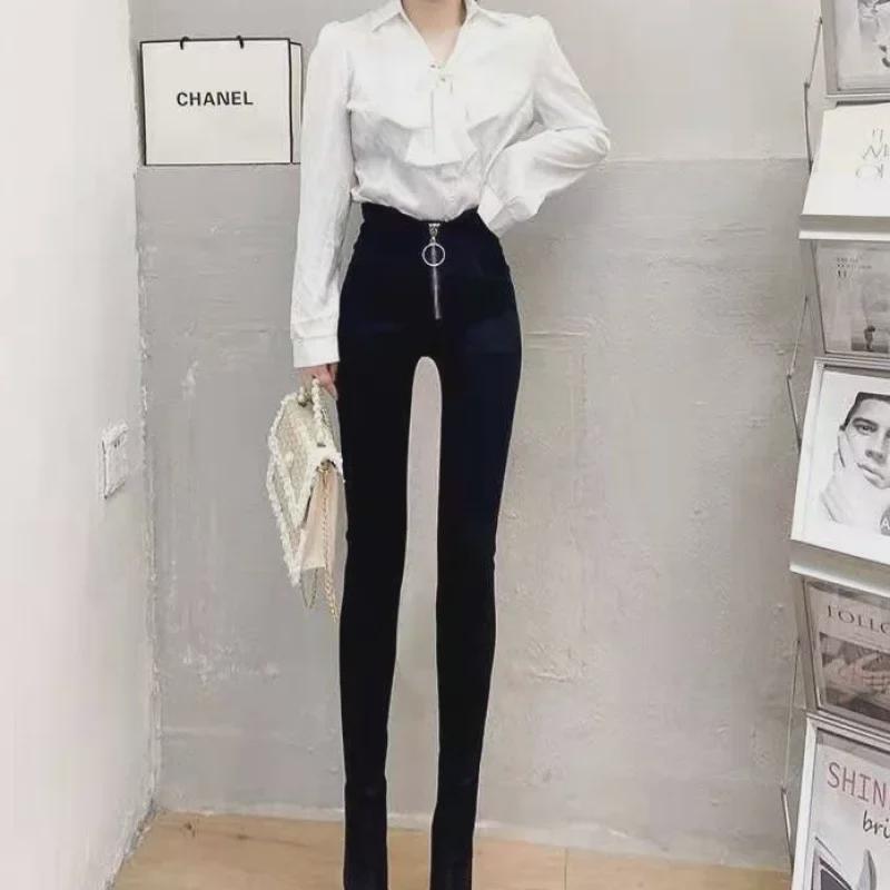 G Plus Women's Velvet Black High Waist Leggings - 2024 Autumn/Winter Collection