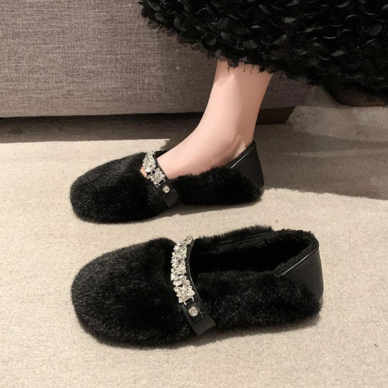 Internet celebrity flat Mary Jane Mao Mao single shoes women's shoes 2025 new autumn and winter wear warm velvet cotton shoes