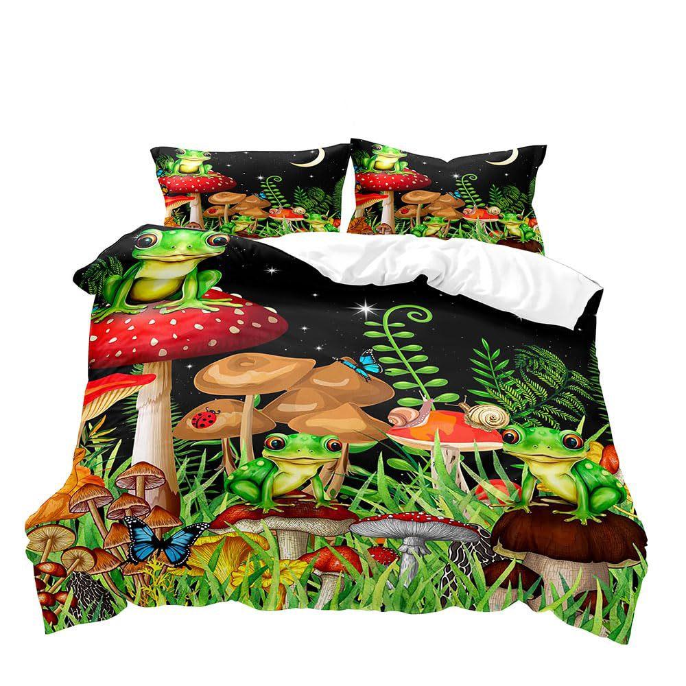 Frog Mushroom Three-Piece Quilt Cover 3D Digital Printing Bedding Set Bed Cover