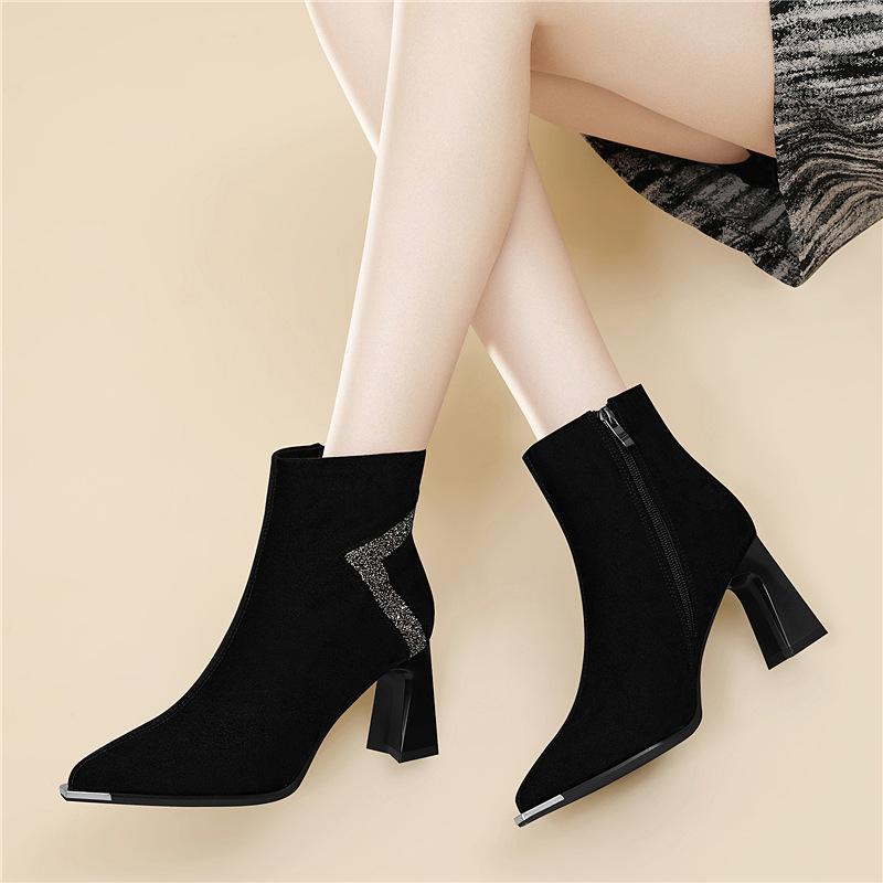 

Frosted short boots women s autumn and winter new pointed thick heel boots velvet high heels fashion Martin boots cotton shoes 34