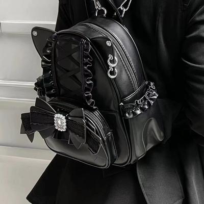 Koreanische Mode Y2k Punk Rucksack Spitze Schleife Katzenohr Lotusspitze Dekoration Lolita Rucksack PU Leder Große Kapazität Damen Rucksack