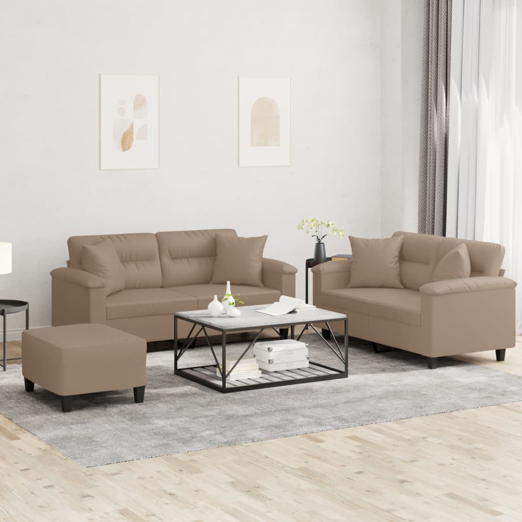 Vidaxl 3-Cz. Living Room Set with Cushions, Cappuccino, Eco-Leather