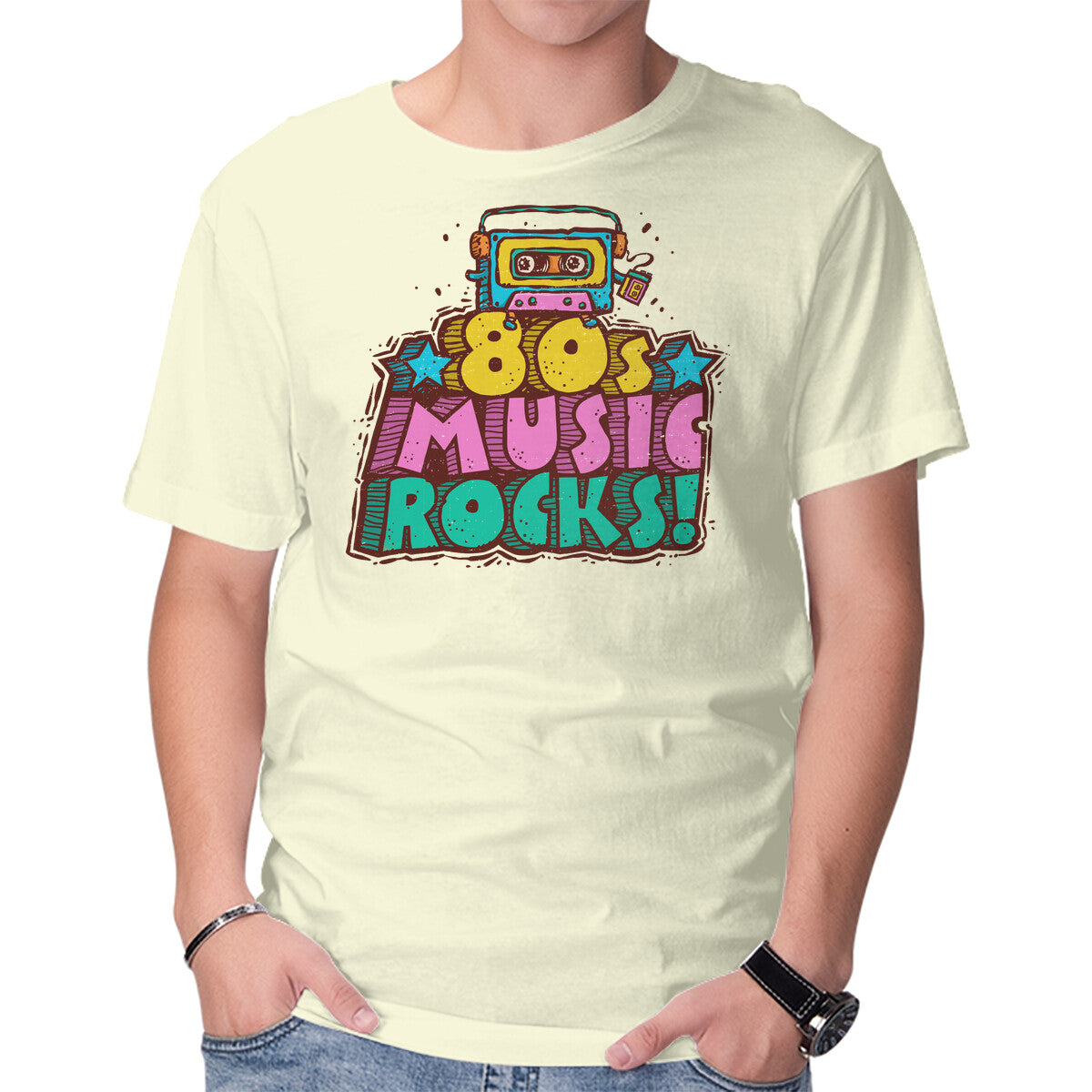 Unisex Crew Neck T-Shirt 80s Music Rocks Graphic Short Sleeve Casual Tee M