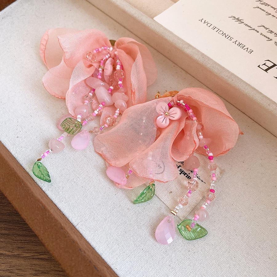 Pink Beaded Flower Tassel Necklace - Mori Style Gentle Spring/Summer Collarbone Chain for Women