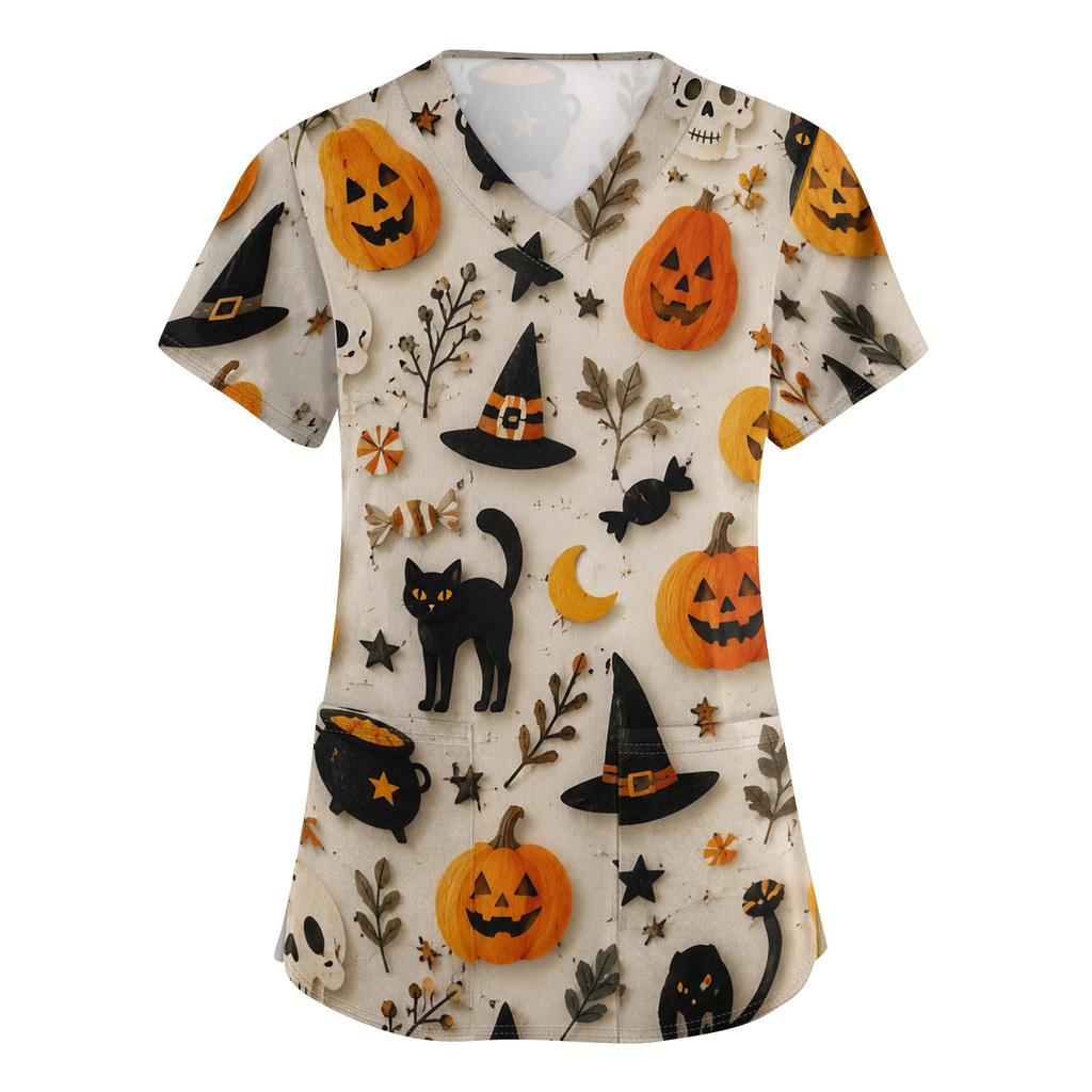 Women's V Neck Halloween Print Short Sleeve Medical Scrub Top with Pocket Side Slit Design Suitable for Healthcare Professionals