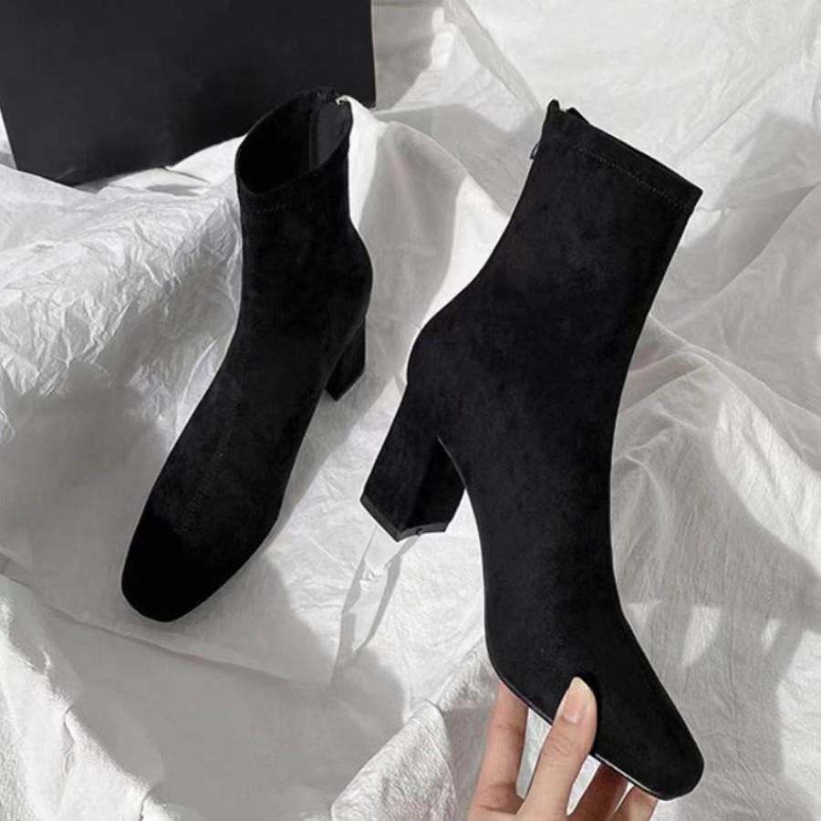 2025 autumn and winter high-heeled women's shoes pointed thick-heeled short boots thin velvet elastic thin socks boots Martin boots