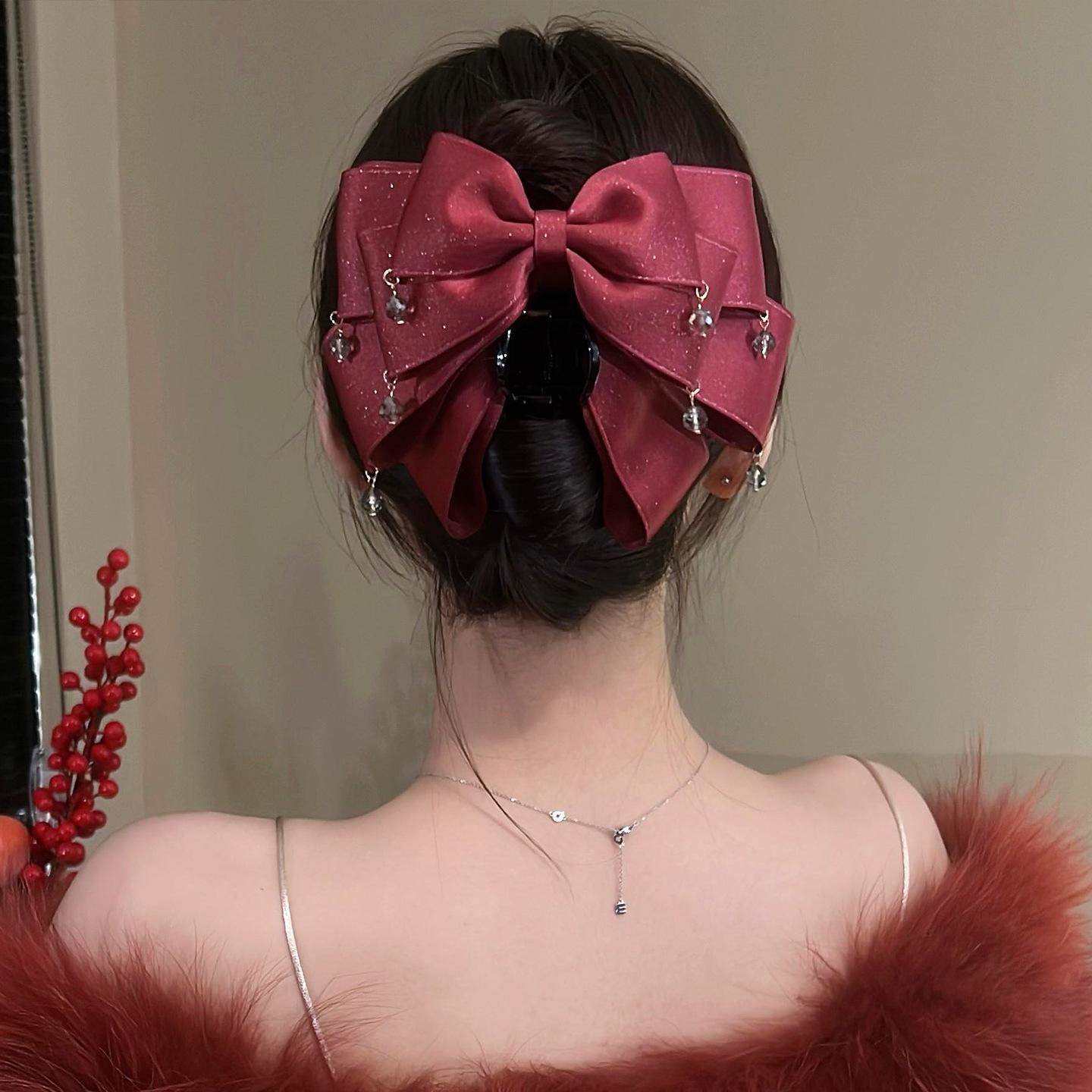 New Exquisite Shiny Starry Sky Bow Hair Claw Women Luxury Red Fashion Elegant Tassel Hair Clip Back Head Clip Hair Accessories красный