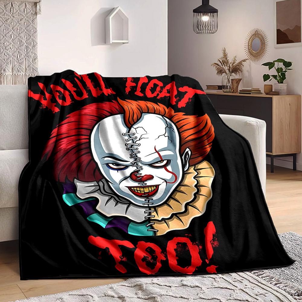 1pc It "Clown" Flannel Throw Blanket - HD Printed Lightweight Soft Warm All-Season Blanket for Sofa, Bed, Travel, Camping003