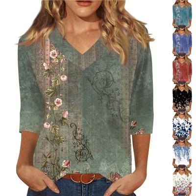 Women's Fashion Casual V Neck 3/4 Sleeve Loose Printed T-Shirt Ladies Top