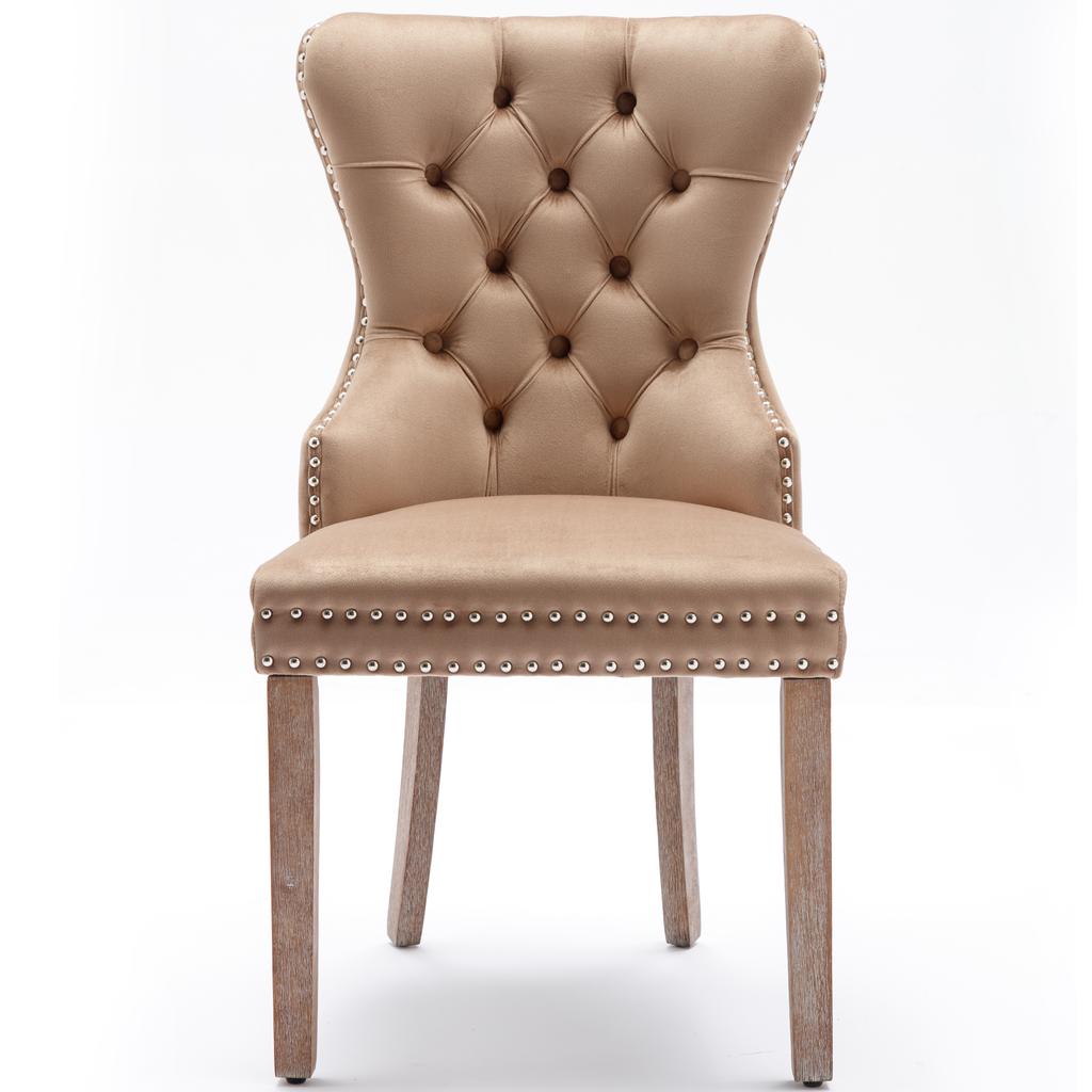 Dining Chair (Kitchen Chair with Unique Door Knocker on the Back, 2 pcs), Upholstered Chair with Nailhead Trim, Solid Wood Legs, Velvet Cover, Brown