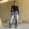 Damen Gerade Hosen Jeans Lange Länge Quasten Hosen Stretch Mittlere Taille Gewaschen Streetwear Denims Vintage Used Look