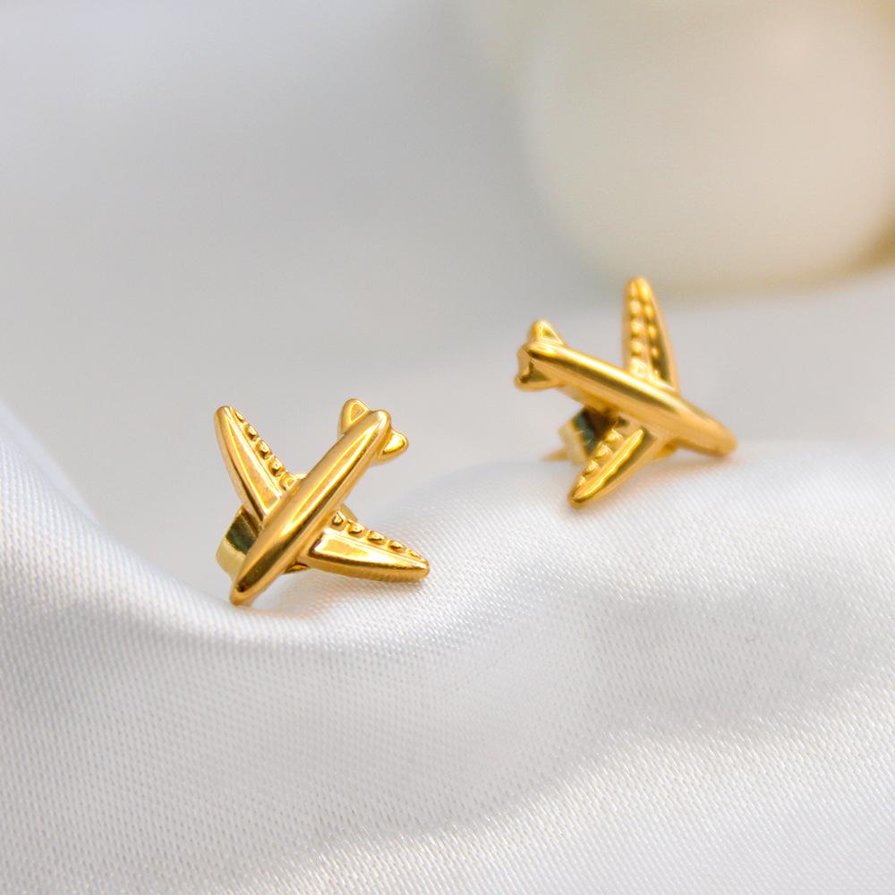 18K Gold Plated Cross Airplane Mini Earrings – Korean & Japanese Fashion Style