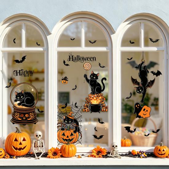 Decorative Glass Decals for Party 4Pcs Halloween Cartoon Window Clings, Pumpkin Ghost Scarecrow Stickers, Waterproof Murals Removable Home