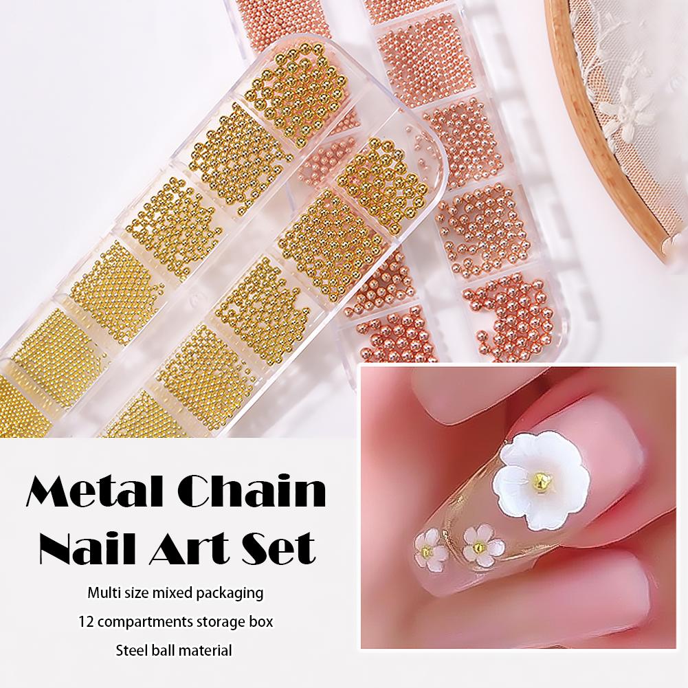 12Grids Mixed Mini Round Beads Nail Art Decor DIY 3D Nail Charms Micro Metal Ball Gold Silver Black Metal Beads for UV Gel Nail