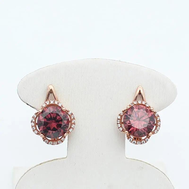 Exquisite Russian Purple Gold Flower Hollow Zircon Earrings Exquisite Rose Gold Inlaid Coffee Stone Earrings Jewelry (rose gold plated pair)