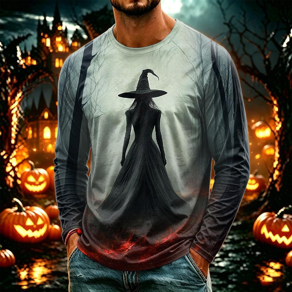 Men's Halloween Printed Long Sleeve T-Shirt, Lightweight Casual Crewneck Top