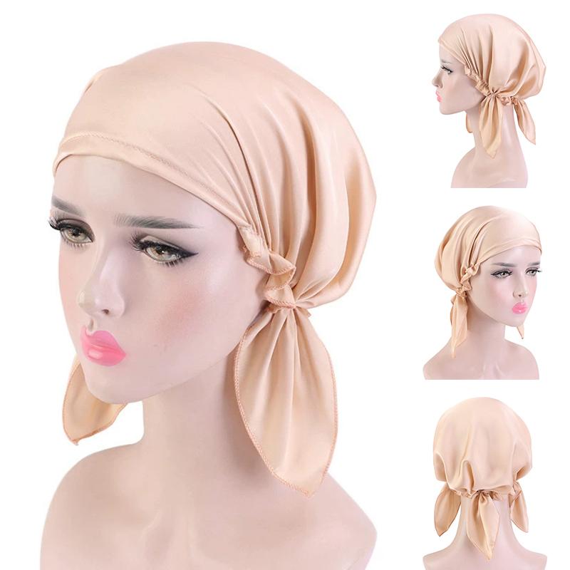 1Pc Women's Comfortable Headscarf Turban Head Cover Solid Color Hair Care Bonnet Hat Night Sleep Cap Imitated Silk