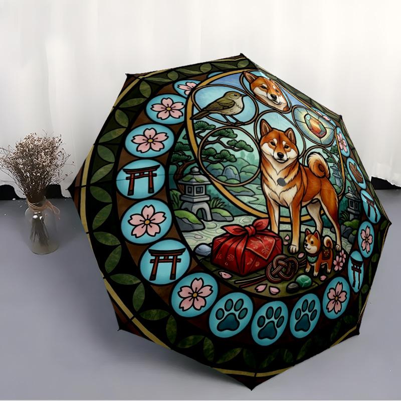 Japanese Shiba Inu Glass Pattern Umbrella, Portable and Foldable Design, 8 Ribs, a Casual Accessory for Halloween, Christmas, and Birthday Gifts.