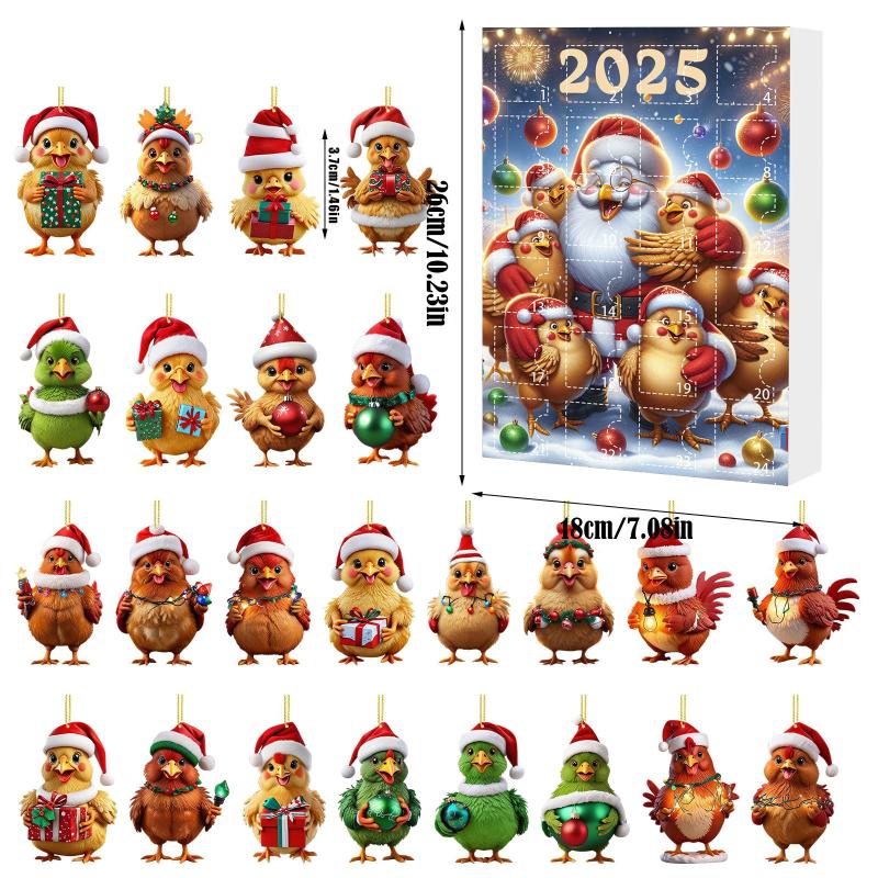 Adventní kalendář 2025 Kuře se Santa čepicemi 2D závěsná ozdoba Vánoční odpočítávací kalendář Ozdoba na vánoční stromek