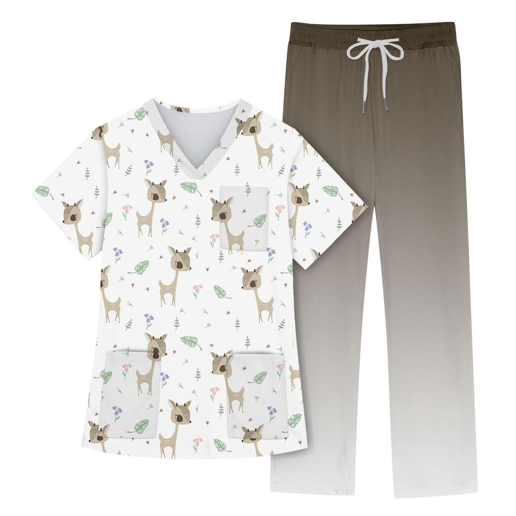 Women's Short Sleeve V Neck Animal Print Chest Pocket Work Top Elastic Waist Pants Two Piece Work Set