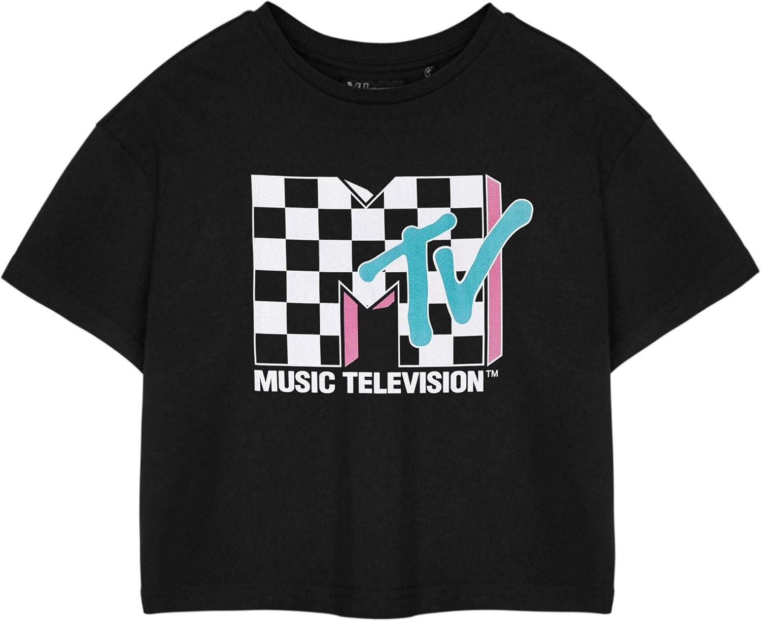 

Женская укороченная черная футболка с логотипом MTV в клетку _ Женская футболка с коротким рукавом и принтом _ Топ в ретро-стиле с логотипом музыкального телевидения S чёрный