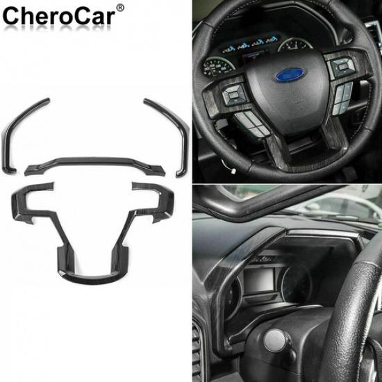 Black Wood Grain Steering Wheel Frame Cover Trims for Ford F150 2015- ABS