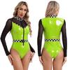 Womens Checkerboard Racer Car Halloween Cosplay Speed Racer Driver Bodysuit Checkerboard Leather Leotard Jumpsuit Sexy Uniform