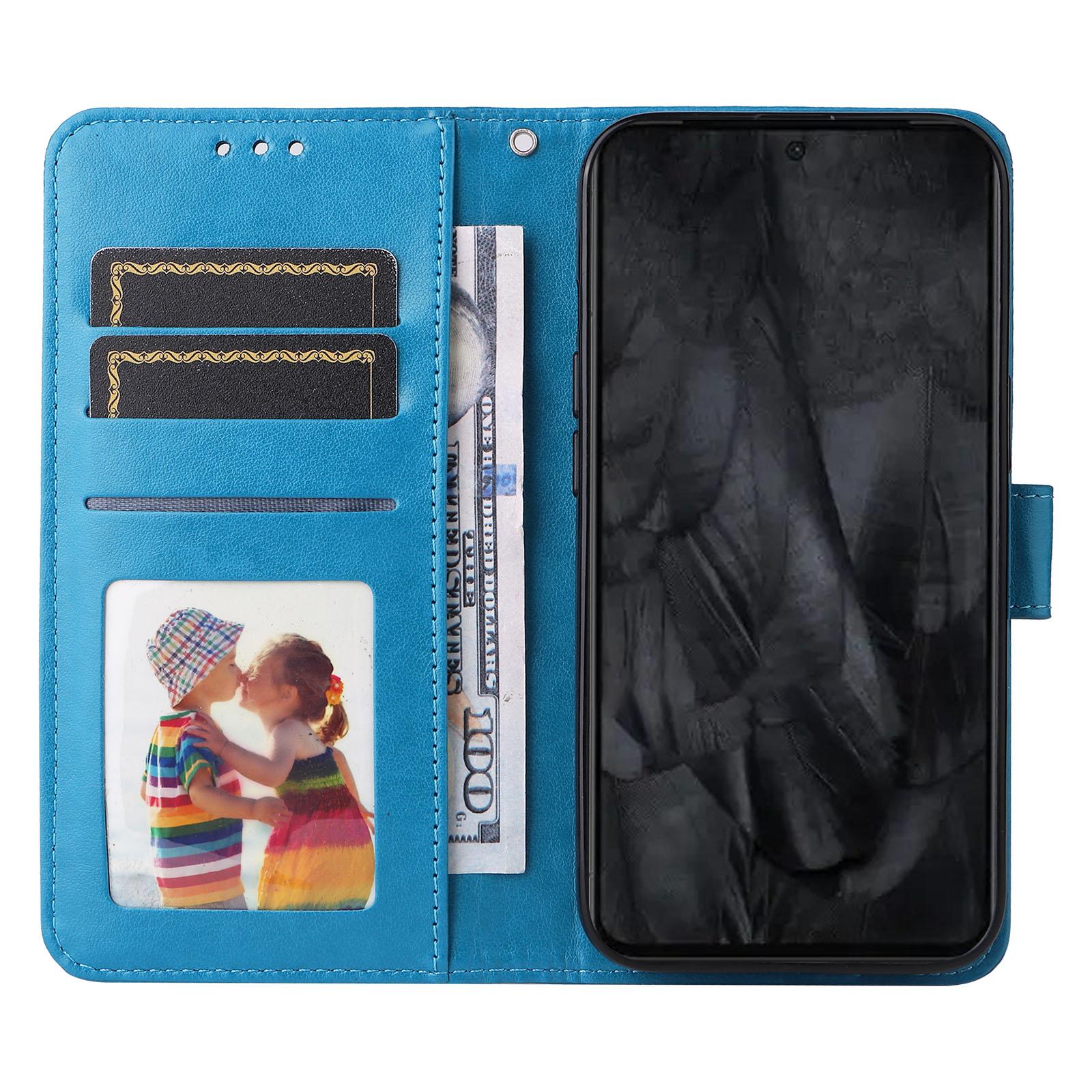 

For Google Pixel 8 Pro Imprinted Sunflower Phone Case PU Leather Wallet Stand Cover Blue