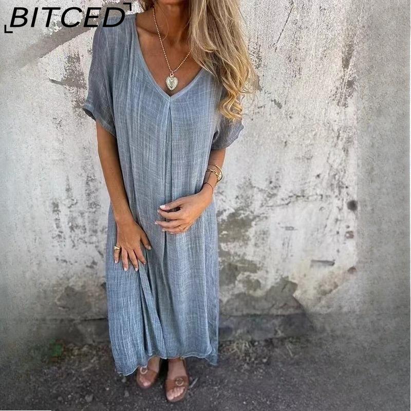 BITCED Spring/Summer Women s Fashion Cotton-Linen Blend V-Neck Half-Length Dress S