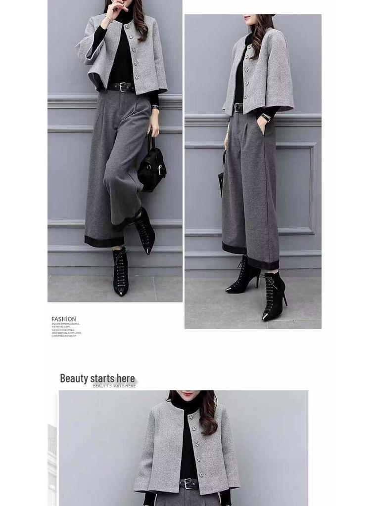 2025 Women's Plus Size Woolen Two-Piece Suit: Short Coat & Wide Leg Pants for Autumn/Winter Fashion.