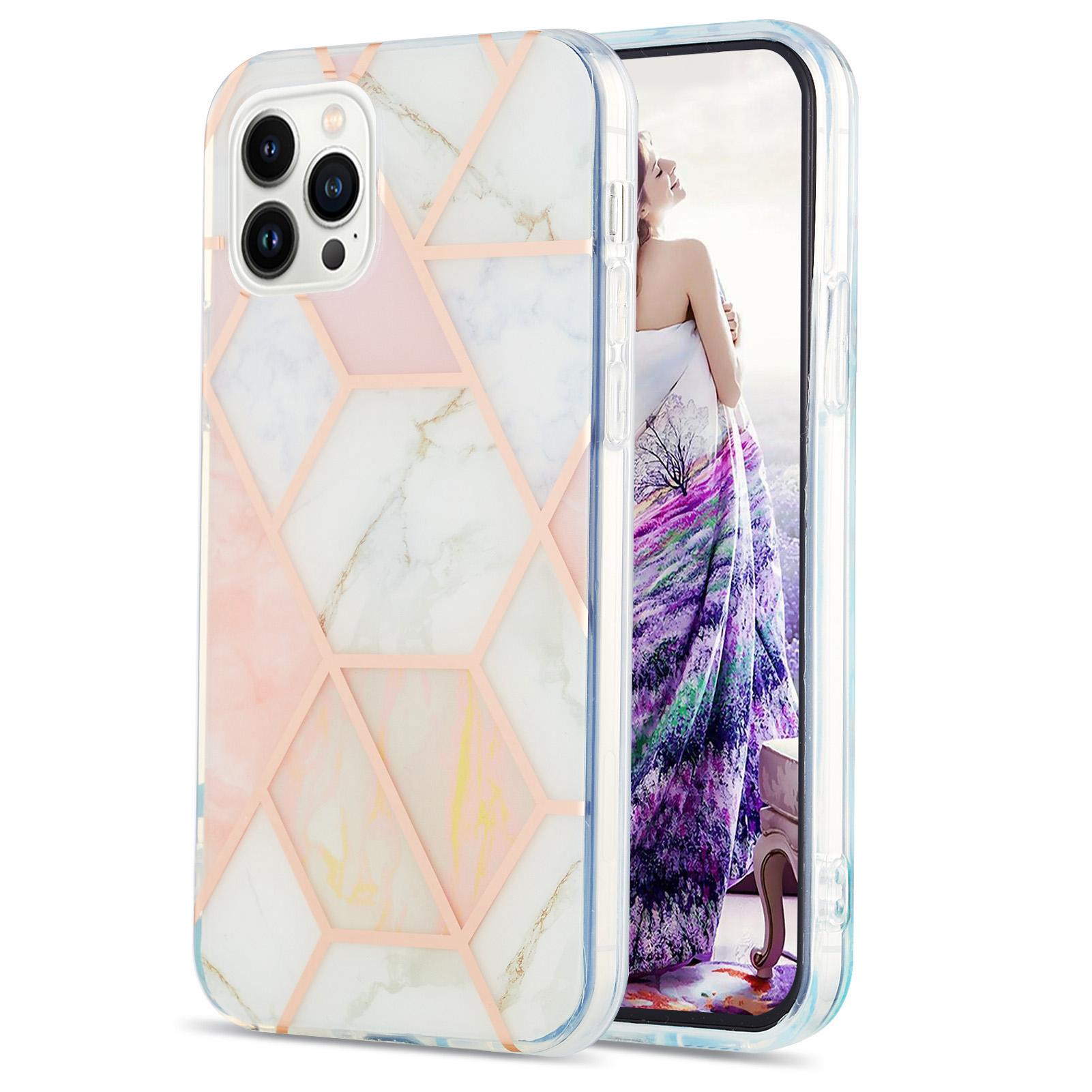 

For iPhone 16 Pro Max Case Splicing IMD Marble Pattern Electroplated TPU Back Cover Pink/White
