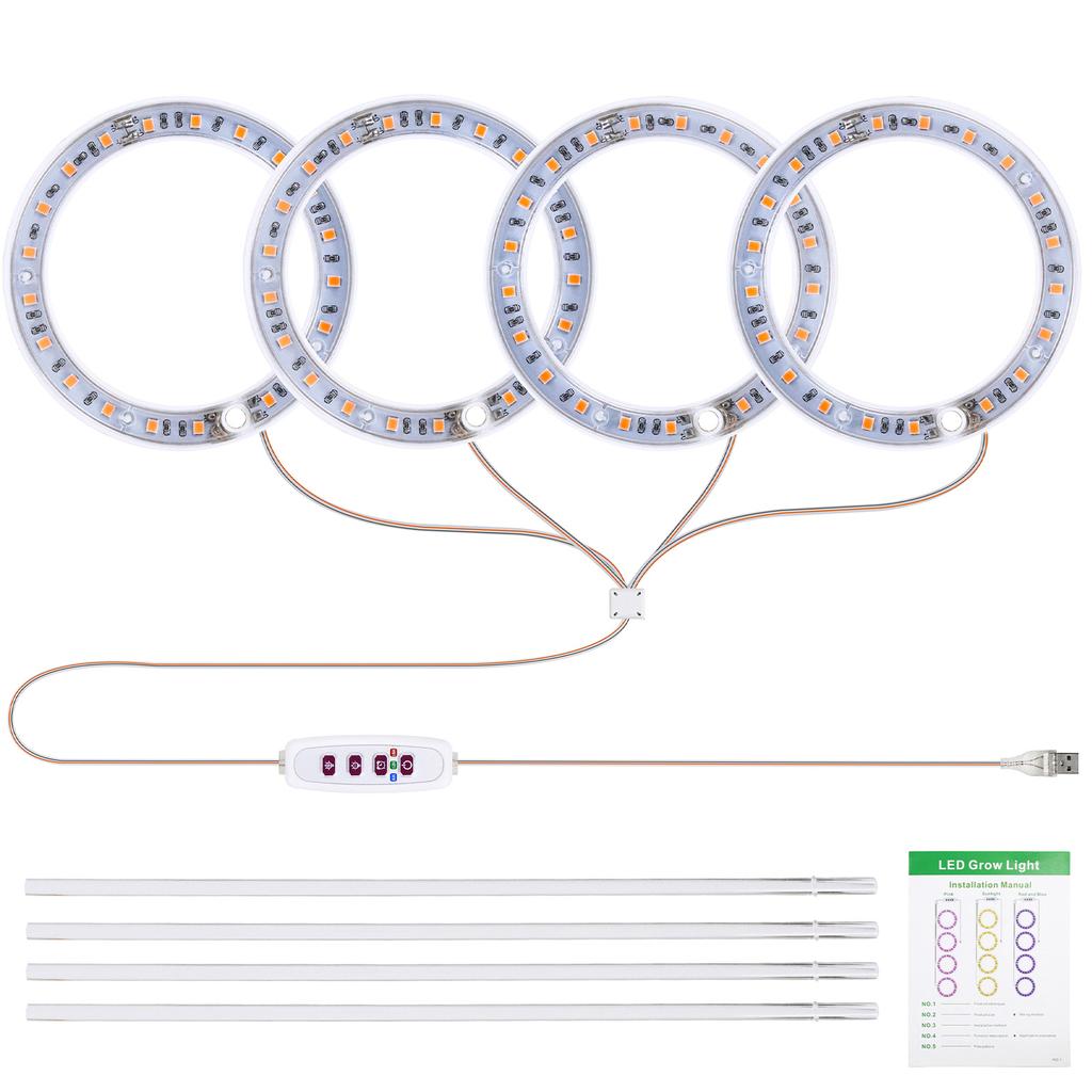 Pěstovací světla pro pokojové rostliny 4 hlavy 6,2W 301,7lm 80LED 4000K USB napájené růstové světlo 8H/12H/16H