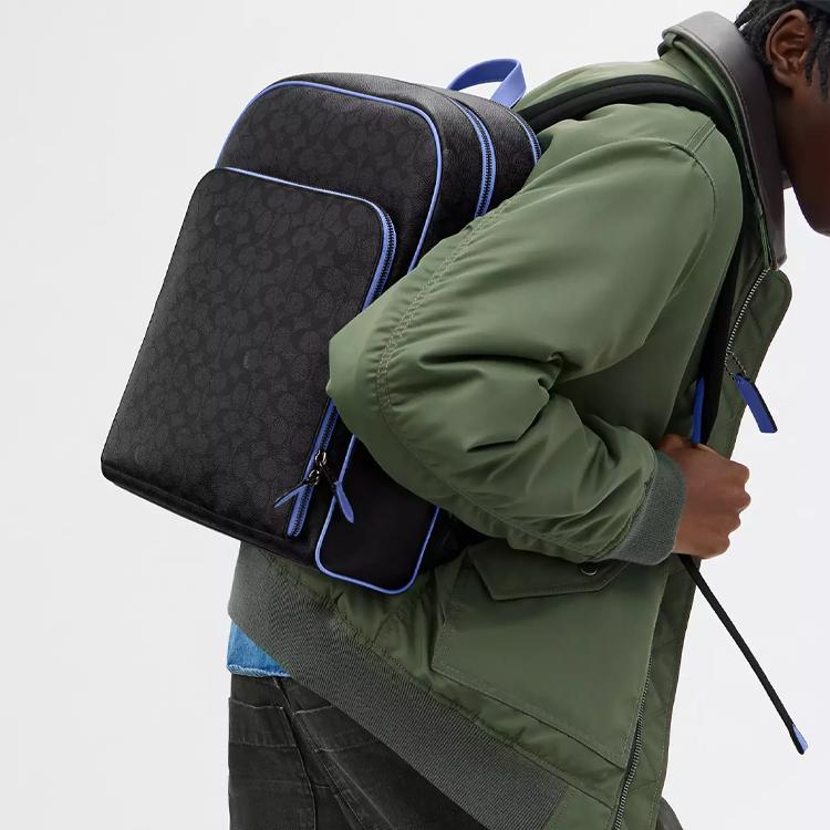 Coach Gotham 29 Zipper Closure Signature Coated Canvas And Calfskin Backpack Large Men Backpack Charcoal Blueberry CR743-WRH
