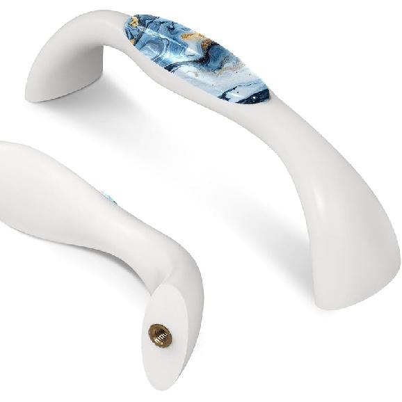 LORVIES 4 Pack 5.6" Marble Decorative Cabinet Knobs, ABS Glass Wavy Long White, Drawer Dresser Door Handles Pulls for Home Kitchen Bedroom (Turquoise