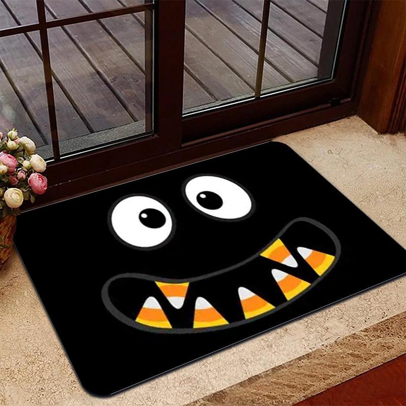1pc Funny Halloween Doormat – Candy Corn Fangs & Wide-Eyed Cartoon Face, Cute Black Floor Rug for Home Decor