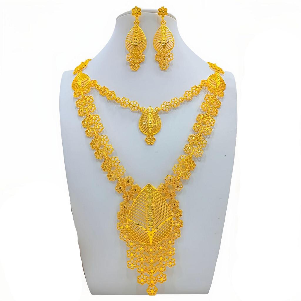 4 Τεμάχια Χρυσό Χρώμα Ινδικό Νυφικό Σετ Κοσμημάτων από Κράμα Ντουμπάι Κολιέ Σκουλαρίκια Για Γυναίκες Γάμο 24 καρατίων Επιχρυσωμένο Αφρικανικά Κοσμήματα Νύφη