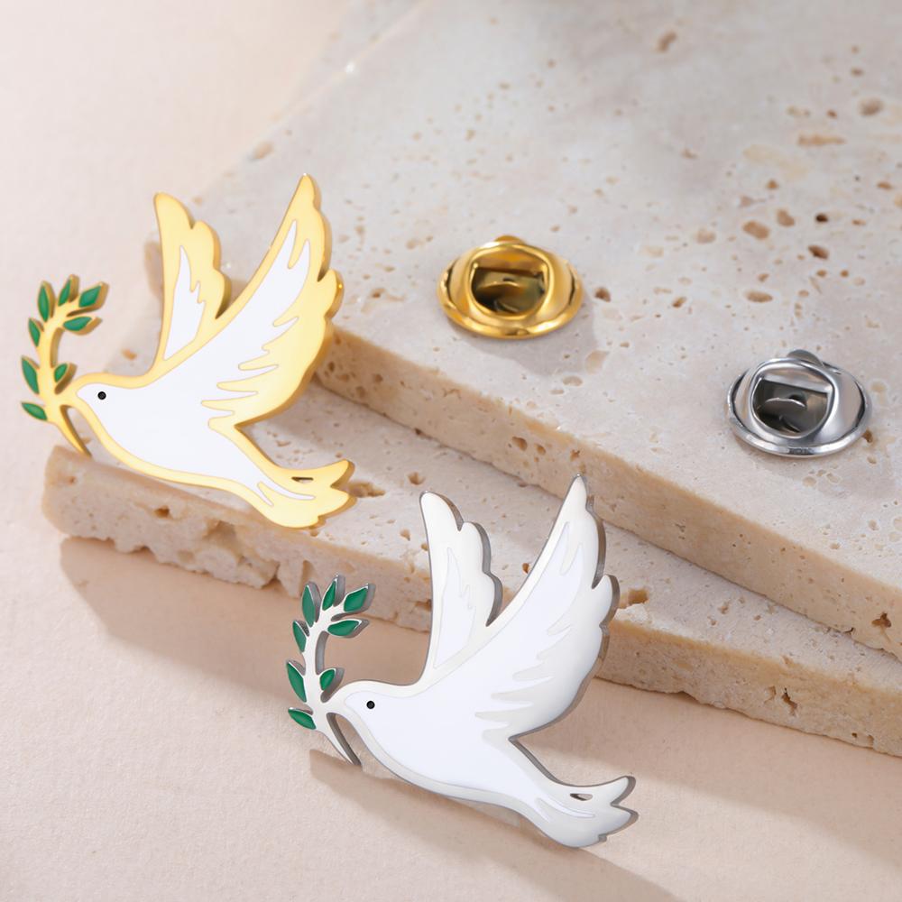 Dawapara Dove of Peace Brooch Animal Bird Dove with Olive Enamel Pin Stainless Steel Accessories for Men Women