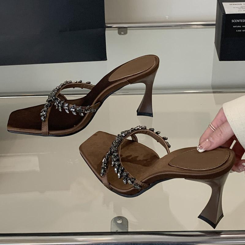 Street Style CRYSTAL Narrow Band Slippers Woman Open Toe Thin High Heels Sandals Stripper Party Slides Shoes