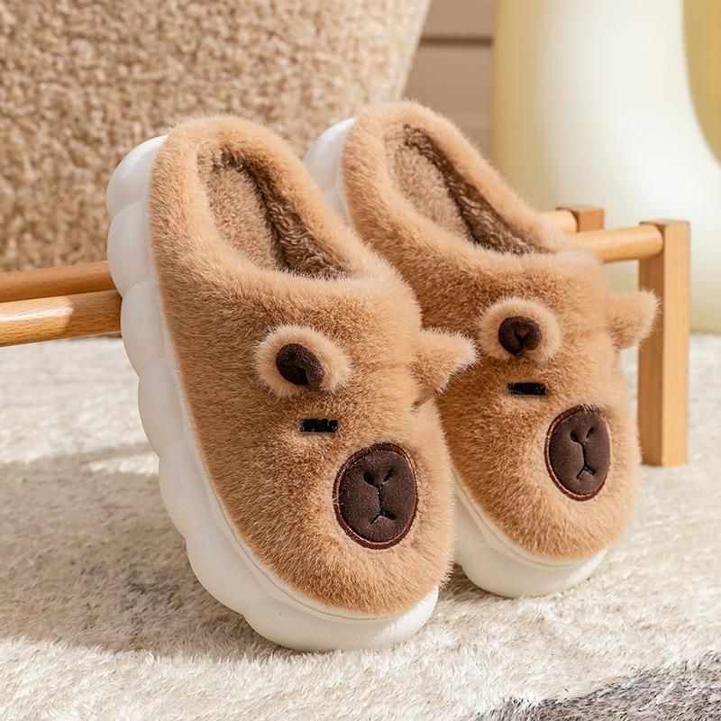 Bear Cartoon Cotton Slippers Men's Autumn and Winter Indoor Home Thick Bottom Velvet Warm Outer Wear Couple Confinement Shoes Women