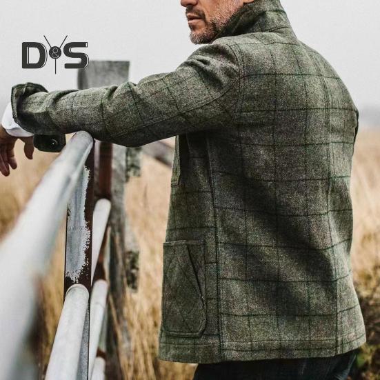 Men Jacket Coat Lapel Long Sleeve Plaid Print Coat with Patch Pocket Single Breasted Loose Fit Casual Outwear