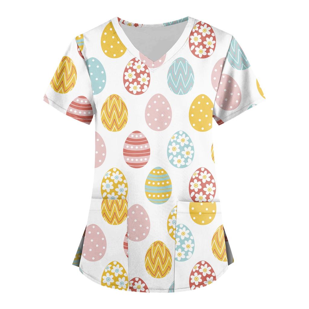 Women's Fashion V-neck Short Sleeve Workwear With Pockets Printed Tops