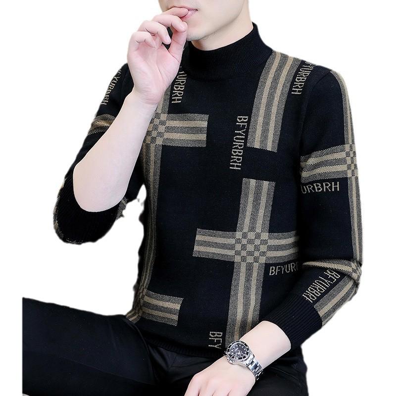 Men's Trendy Jacquard Half-High Neck Sweater: Autumn Winter Casual Knit Pullover