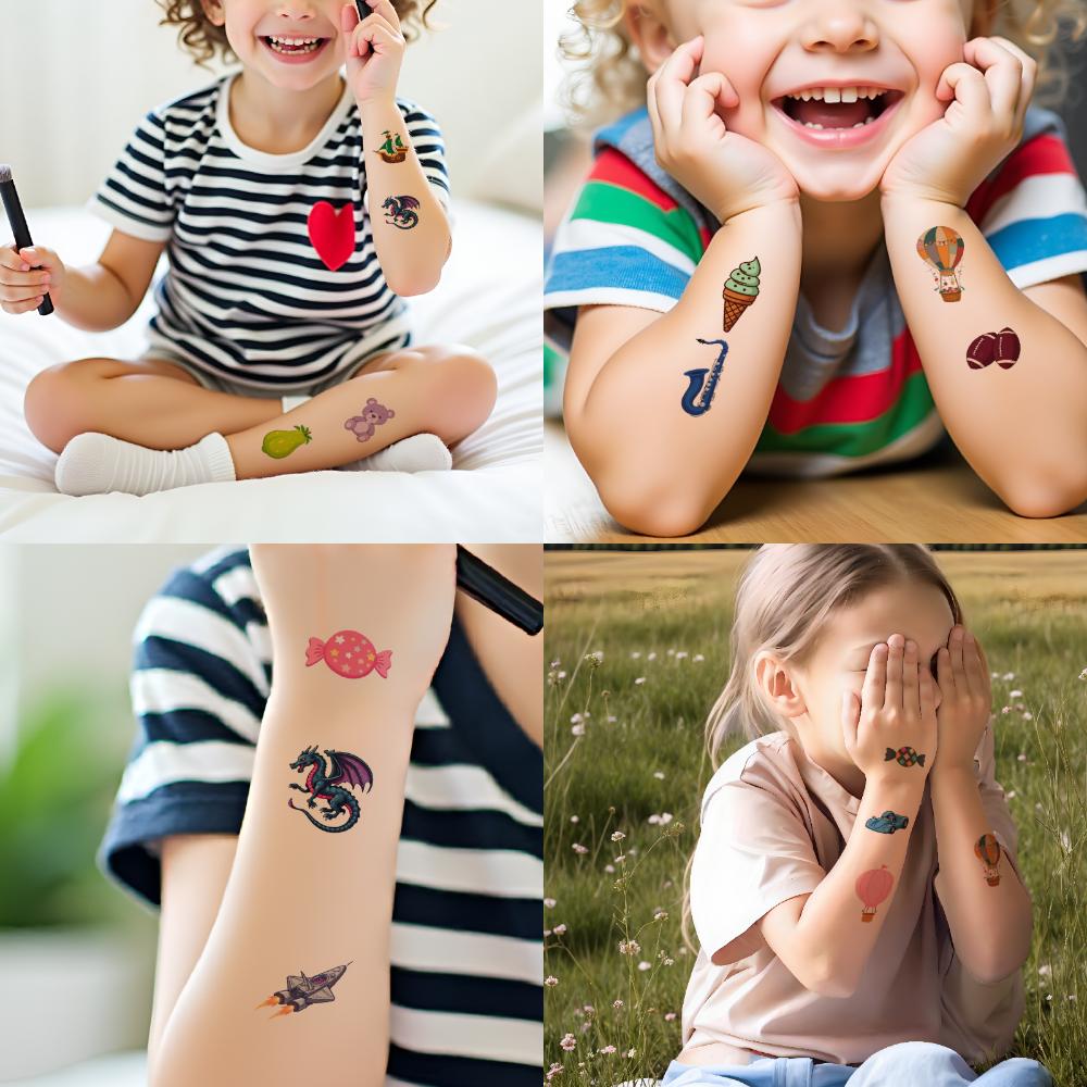 54pcs Temporary Tattoo Cartoon Ice Cream Cones Sports Car Teddy Bears For Arms Girls Boys