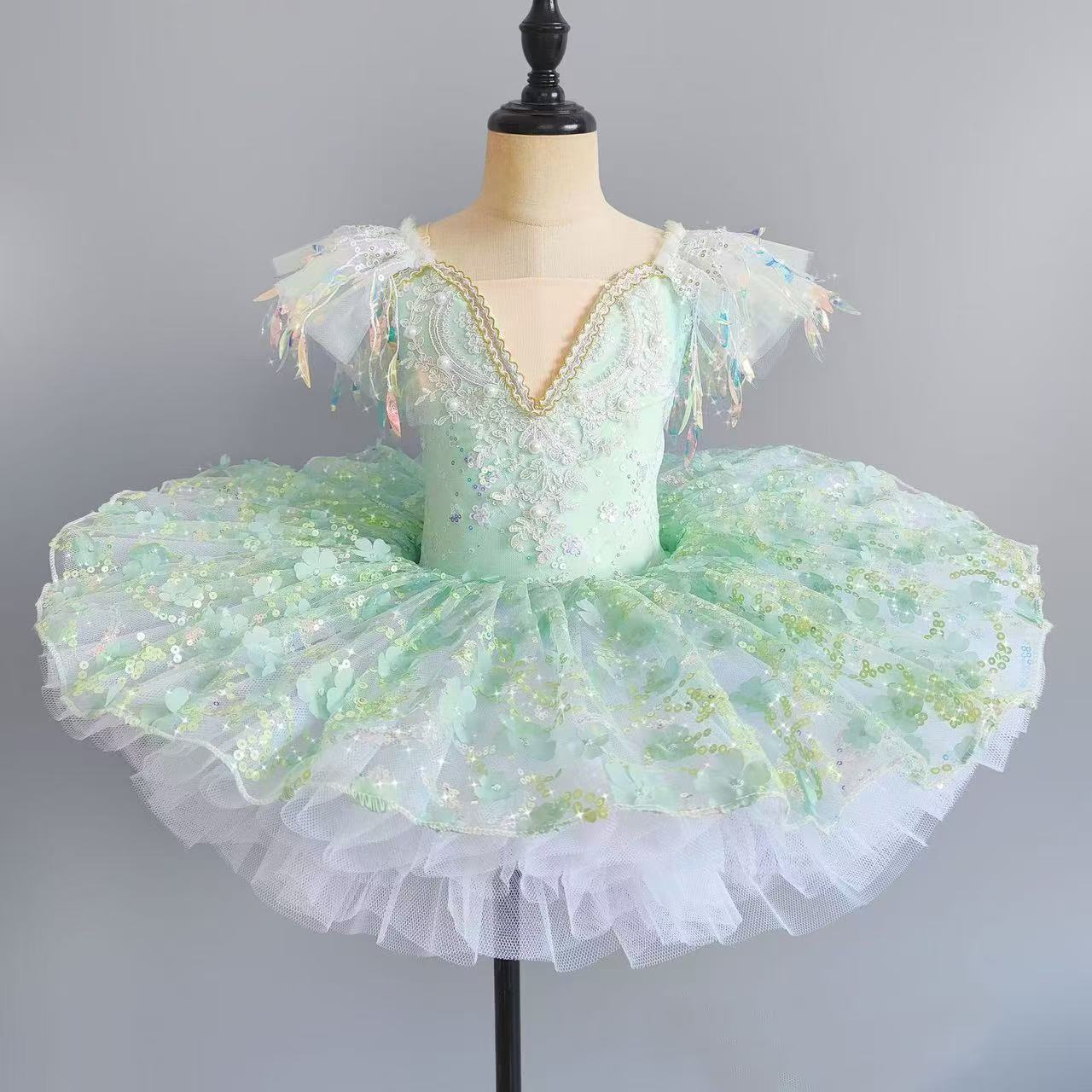 Qingpingjuan Professionele Balletjurk met Pailletten en Kwasten op de Schouder voor Meisjes Ballet Tutu Performance Kleding Ballerina Balletjurk Meisje 140 groen