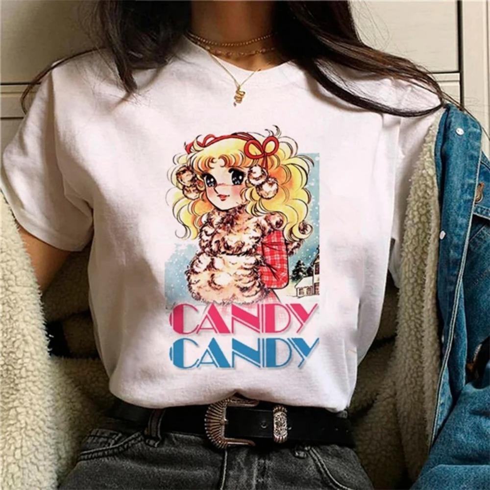 Koszulka Streetwear z Nadrukiem Cukierków i Kreskówek Ubrania Harajuku Moda Dziewczęca Koszulka z Krótkim Rękawem Letnia Koszulka Casualowa Damska z Okrągłym Dekoltem