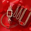 Women'S Watch Fashion Simple Temperament Square Quartz Watch + Versatile Chain Red Gemstone Necklace + Earrings + Bracelet