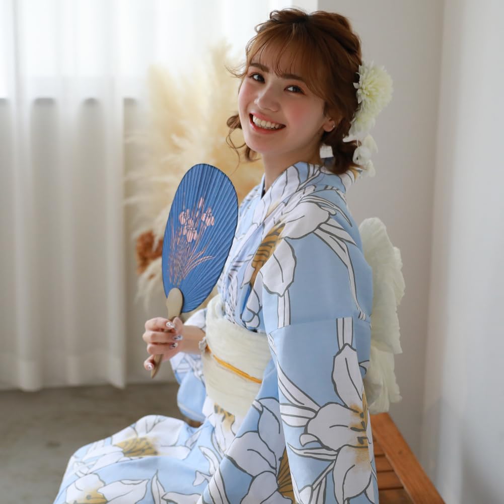 16 modele din care poți alege Set Yukata heko obi Tokimeki dragoste de vară Yukata heko obi set 2 piese crin pe lumină (2.Albastru mare)