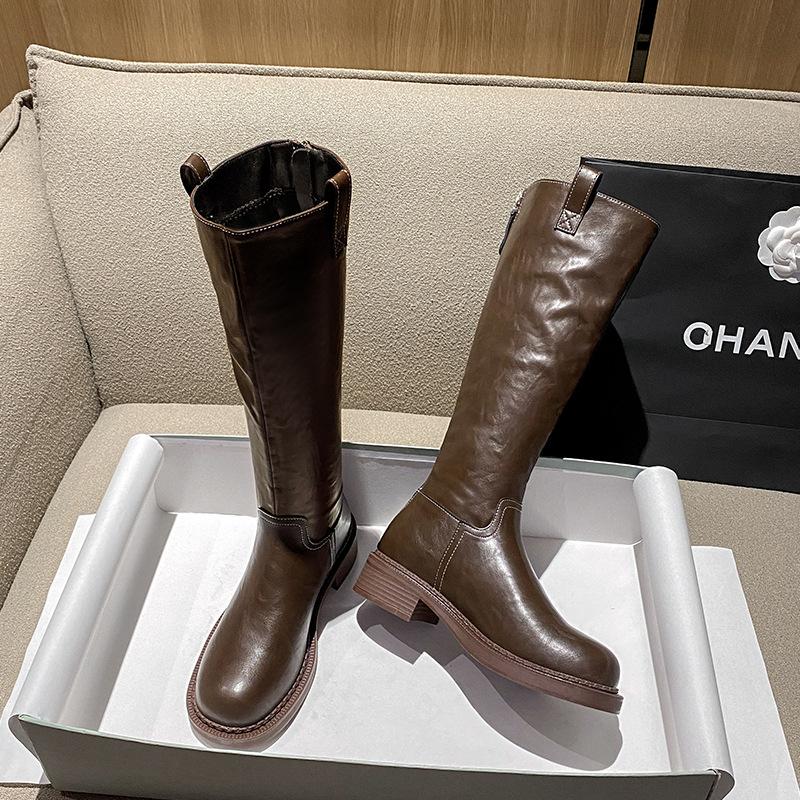 Cowhide version~ French retro pleated thick-soled long knight boots female British style versatile and thin leather high boots