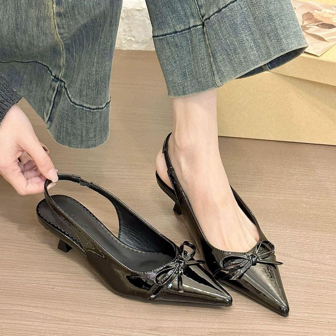 

Elegant height increase and thinness new nude pointed bow light mouth high heels women s spring empty sandals 35